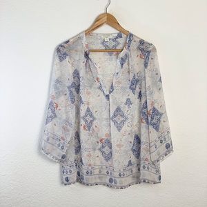 Saint Tropez West White & Blue Print Sheer Popover Blouse Sz L